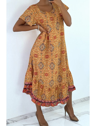 Robe longue moutarde à manches courtes et imprimé coloré - 5