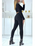 Pantalon slim noir à taille haute et bandes et perles sur les côtés - 2