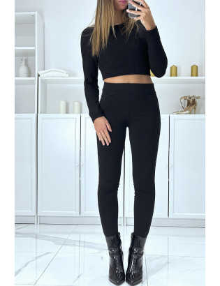 Pantalon slim noir à taille haute et bandes et perles sur les côtés - 3
