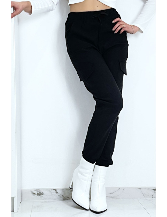 Pantalon treillis noir en strech avec poches - 1