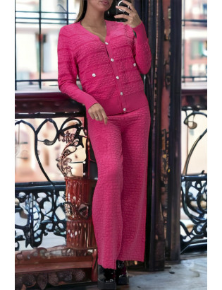 Ensemble fuchsia gilet et pantalon palazzo en jaquard très extensible - 1