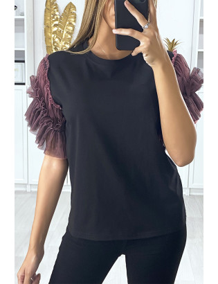 T-shirt noir avec manches en tulle lila - 3