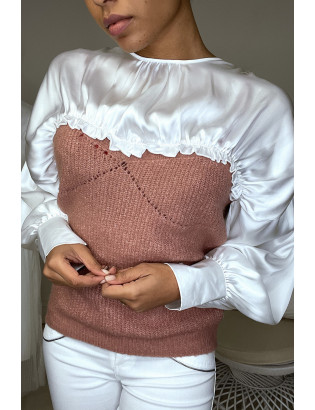 Pull fuchsia satiné et froncé au buste et aux manches - 2