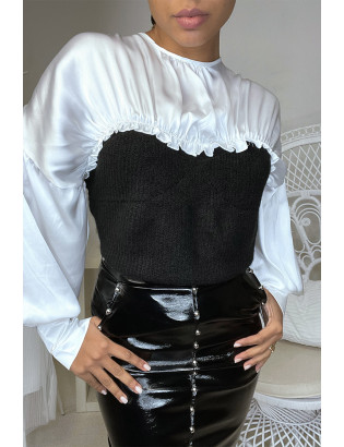 Pull noir satiné et froncé au buste et aux manches - 4