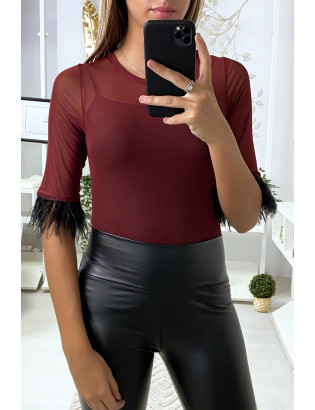 Body en tulle bordeaux avec plumes aux manches - 2