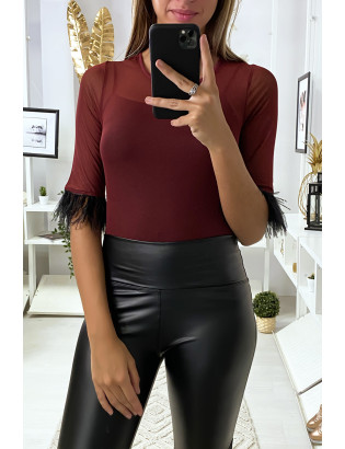 Body en tulle bordeaux avec plumes aux manches - 3