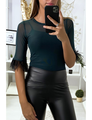 Body en tulle vert avec plumes aux manches - 2