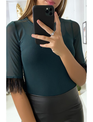 Body en tulle vert avec plumes aux manches - 4