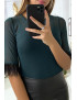 Body en tulle vert avec plumes aux manches - 4