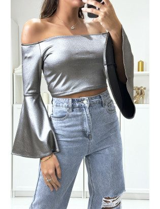 Crop top argenté col bateau avec manche évasé  - 1