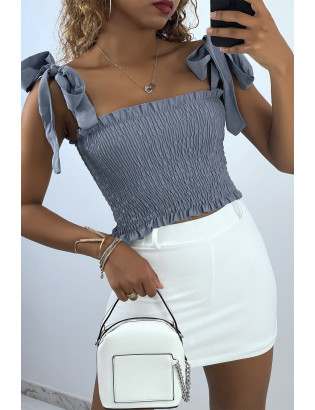 Crop top bustier froncé indigo avec bretelle à nouer  - 1