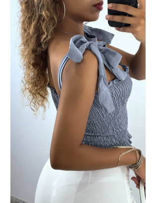 Crop top bustier froncé indigo avec bretelle à nouer  - 3