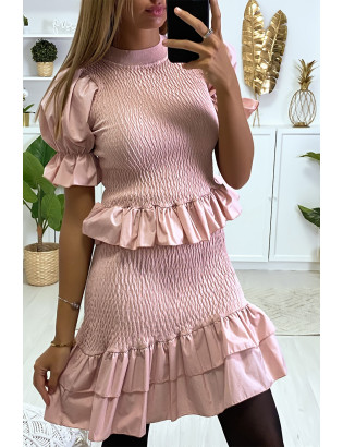 Ensemble pull et jupe froncé rose avec volant en forme de trapèze - 1