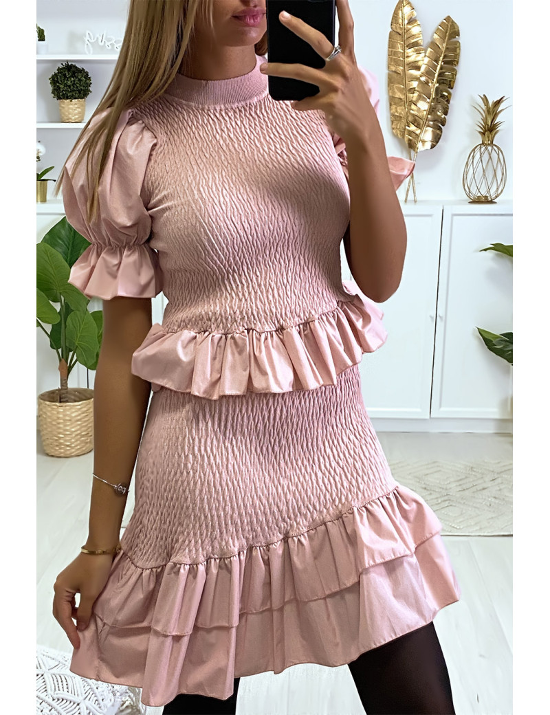 Ensemble pull et jupe froncé rose avec volant en forme de trapèze - 1