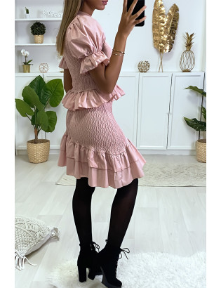Ensemble pull et jupe froncé rose avec volant en forme de trapèze - 4