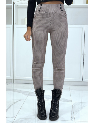 Pantalon slim bordeaux motif pied-de-poule avec boutons et poches - 2