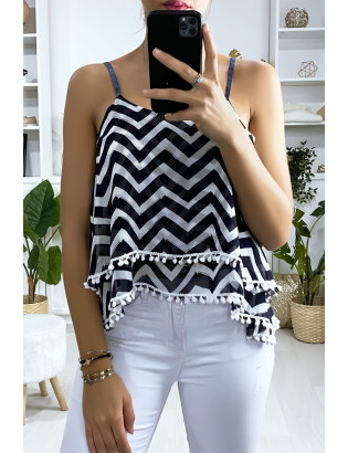 Débardeur à motif marine et blanc en forme de zigzag avec volant et mini pompon - 2