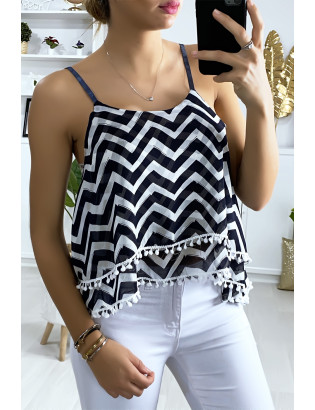 Débardeur à motif marine et blanc en forme de zigzag avec volant et mini pompon - 3