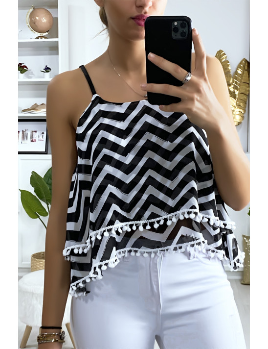 Débardeur à motif noir et blanc en forme de zigzag avec volant et mini pompon - 1