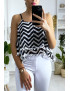 Débardeur à motif noir et blanc en forme de zigzag avec volant et mini pompon - 2