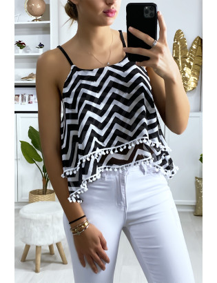 Débardeur à motif noir et blanc en forme de zigzag avec volant et mini pompon - 3
