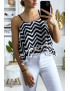 Débardeur à motif noir et blanc en forme de zigzag avec volant et mini pompon - 3