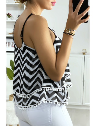 Débardeur à motif noir et blanc en forme de zigzag avec volant et mini pompon - 4