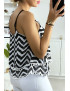 Débardeur à motif noir et blanc en forme de zigzag avec volant et mini pompon - 4