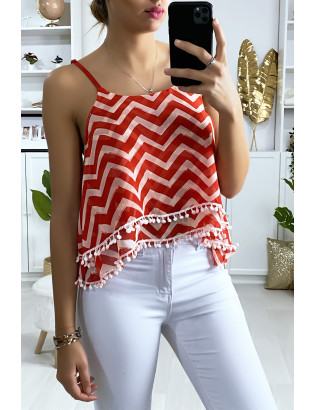 Débardeur à motif rouge et blanc en forme de zigzag avec volant et mini pompon - 2