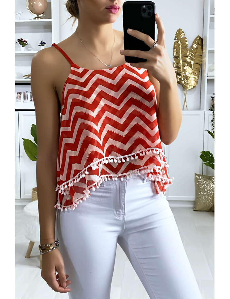 Débardeur à motif rouge et blanc en forme de zigzag avec volant et mini pompon - 2