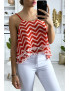 Débardeur à motif rouge et blanc en forme de zigzag avec volant et mini pompon - 2
