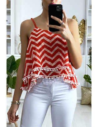 Débardeur à motif rouge et blanc en forme de zigzag avec volant et mini pompon - 3