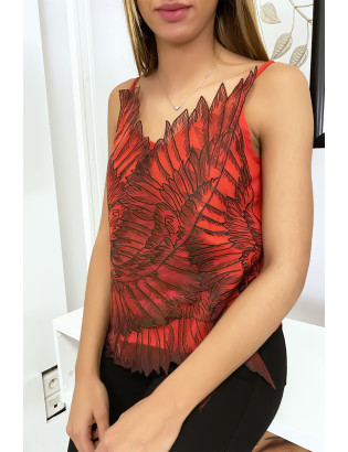 Débardeur rouge avec tulle brodé en motif d'ailes - 2