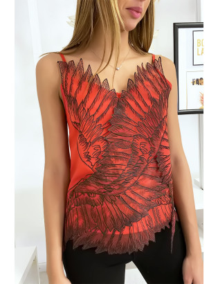 Débardeur rouge avec tulle brodé en motif d'ailes - 4