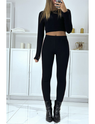 Pantalon slim noir à taille haute et bandes sur les côtés - 1