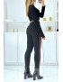 Pantalon slim noir à taille haute et bandes sur les côtés - 4