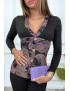 Haut noir à motif violet avec boutons dorée et fronce - 1