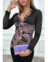 Haut noir à motif violet avec boutons dorée et fronce - 2