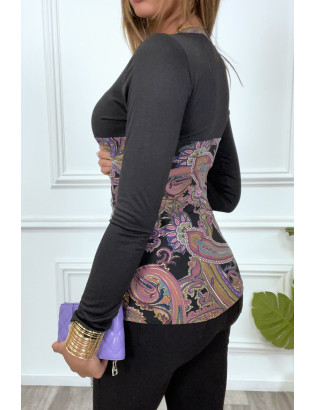 Haut noir à motif violet avec boutons dorée et fronce - 3