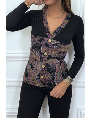 Haut noir à motif violet avec boutons dorée et fronce - 4