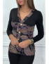 Haut noir à motif violet avec boutons dorée et fronce - 5