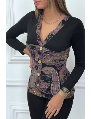 Haut noir à motif violet avec boutons dorée et fronce - 6