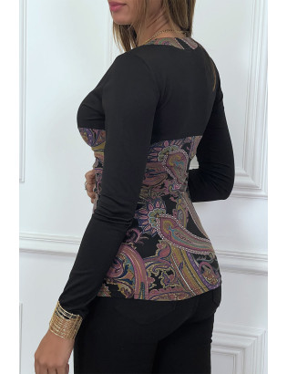 Haut noir à motif violet avec boutons dorée et fronce - 7