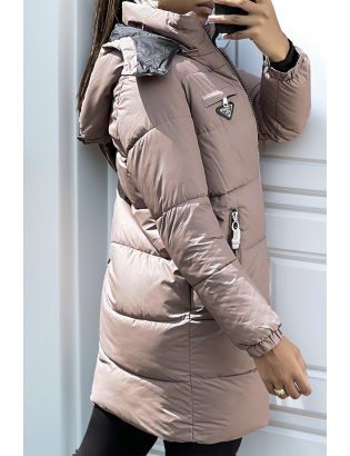 Longue doudoune marron avec sac et capuche amovible - 4