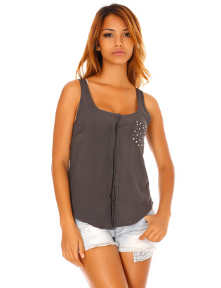Vendu par 3 Chemisier sans manches Gris à poche strass et dos dentelle. F2030 - 1