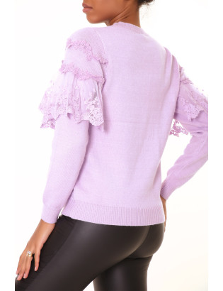 Pull lila à col rond et volants en dentelle - 2