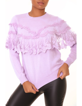 Pull lila à col rond et volants en dentelle - 3