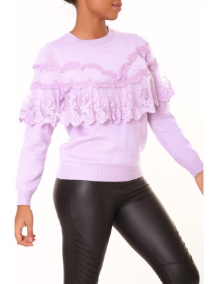 Pull lila à col rond et volants en dentelle - 4