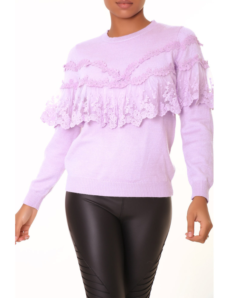 Pull lila à col rond et volants en dentelle - 6