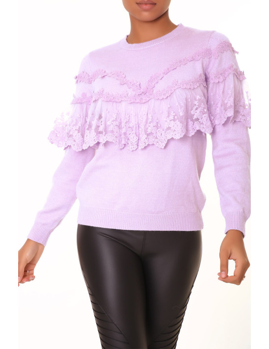 Pull lila à col rond et volants en dentelle - 6